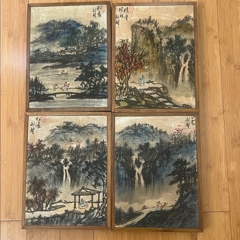 NWT set 4 Vintage Batique Chinese Reproductions hand painted wood frame 9” x 12”